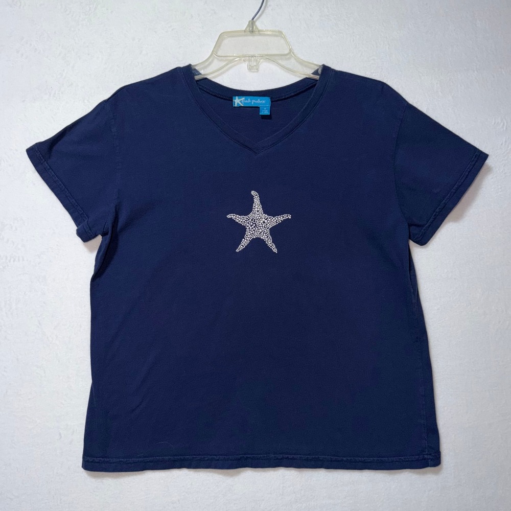 Fresh Produce Womens Navy Blue V-Neck Starfish Beaded Graphic T-Shirt Medium